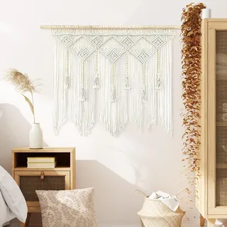 Mocoli Makramee Vorhang, 100x80cm Boho Gewebter Wandteppich Makramee Wandbehang mit Holzperlen Handgemachte Wandbehang Türvorhang für Hochzeit Hintergrund Hausdekoration (Keine Sticks Enthalten)