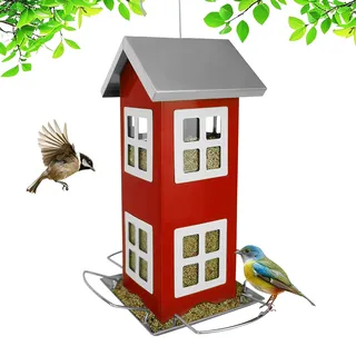 Relaxdays Vogelhaus, Metall, zum Aufhängen, HxBxT: 26 x 12 x 12 cm, kleines Vogelfutterhaus für Garten & Balkon, rot