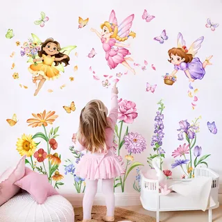 Tanlaby Wandtattoo Fee Blumen Wandsticker Schmetterling Elfen Blume Wandaufkleber für Kinder Wandtattoo Mädchen Kinderzimmer Mädchenzimmer Wohnzimmer Schlafzimmer