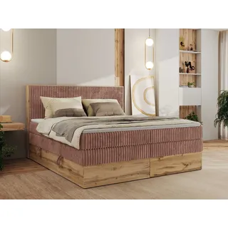 MKS Meble Boxspringbett WOOD CLASSIC KING, Doppelbett mit zwei Multipocket-Matratze und Toppper, hohe Kopfteil, Stauraum - 160 x 200 cm - H3 - Rosa Cord - Rosa
