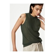 Womens M&S Collection Textured Crew Neck Knitted Vest with Linen - Hunter Green, Hunter Green - Large