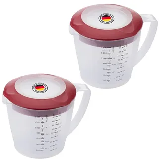 Westmark 2 Rührbecher/Messkannen mit Spritzschutz, Deckel und Ausgießer, Kunststoff, Füllvolumen: 1,4 Liter, Helena, Transparent/Rot, 310522ER