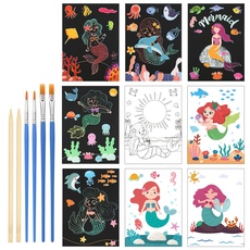 LANMOK 24Stk Kratzbilder Meerjungfrau, Kratzpapier Regenbogen Zeichnen Scratchboard Doppelseitiges Papier zum Kratzen und Färben Kinder Basteln Set für Kindergeburtstag Mitgebsel Geschenk