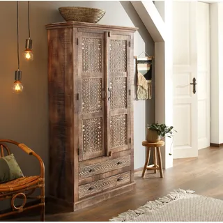 otto home Kleiderschrank OTTO HOME "Maneesh", beige (naturfarben), B:100cm, Schränke, Kleiderschrank, aus massivem Mangoholz und vielen Stauraummöglichkeiten, Höhe 190 cm, Topseller