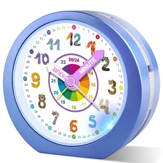 Ayybboo Wecker Kinder Ohne Ticken mit Snooze und Nachtlicht,Kinderwecker Batteriebetrieben Lernwecker für Jungen und Mädchen,Quarz Analog Wecker für Kinder (BlaueTiere)