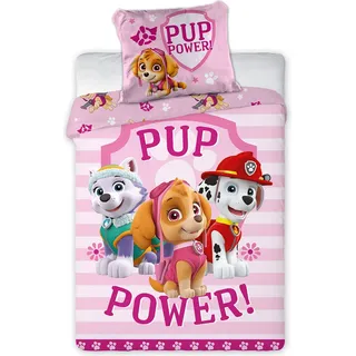 Kinder Wendebettwäsche Paw Patrol Pup Power Rosa gestreift Blumen Sterne Tatzen 160 x 200 Bettdecke + 70 x 80 cm Kopfkissen, 100% Baumwolle, mit Reißverschluss