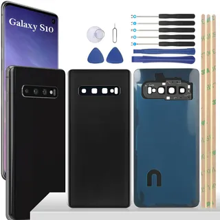 YHX-OU 6.1'' Akkudeckel für Samsung Galaxy S10 SM-G973F SM-G973U SM-G973W SM-G973U1 SM-G973N Rückseite Glas Backcover Back Glas Ersatz Reparatur Set mit Kameraobjektiv + Werkzeug(Schwarz)