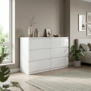 Masseno Kommode NUDO 120 cm Sideboard mit 6 Schubladen und  Türen für Wohnzimmer Schlafzimmer Modern 120x39x78,5 cm Weiß / Weiß - Weiß