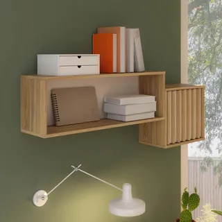 Forte ELISTON Wandregal 120, modernes Wandregal mit Regalfach und Tür, Wohn-/Schlafzimmer, Mauvella Eiche Holzdekor|Kashmir Beige, 121 cm breit x 45,1 cm hoch x 21,9 cm tief