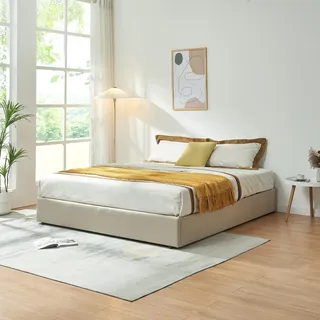 Polsterbett 'Nola' mit Bettkasten 160 x 200 cm Leinen Beige - Beige