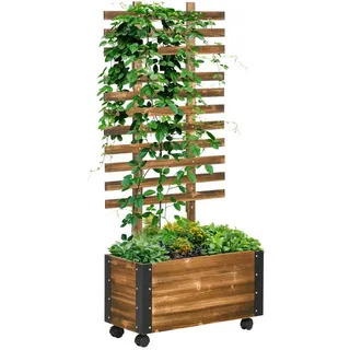Modfu Blumenkasten aus Massivholz 65x31x147 cm in Braun mit Rankhilfe & 4 Rollen , Holz , 31x147x65 cm , Dekoration, Blumen & Blumentöpfe, Übertöpfe