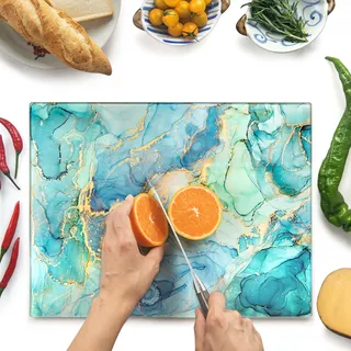 Kitchenville Glasschneidebrett 40×30 cm – Hygienisches Schneidebrett aus gehärtetem Glas – Hitzebeständig, Kratzfest & Rutschfest – Glasplatte für die Küche – Türkis Ocean