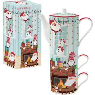 Easy Life Teekanne 500 ml + 2 Frühstückstassen, 240 ml, stapelbar, aus Porzellan, Santa by the Fire