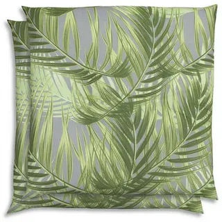 Gartensitzkissenset , Grau, Grün , Textil , 2-teilig , Blätter , Füllung: Schaumstoff, Vlies , quadratisch , 48x7x48 cm , Oeko-Tex® Standard 100 , pflegeleicht, für den Außenbereich geeignet, mittels Gurtband zu befestigen , Gartenmöbel, Gartenpolster & Auflagen, Gartenkissen