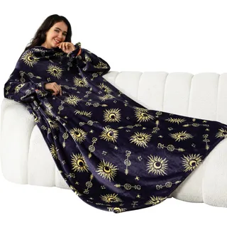 Winthome Decke mit Ärmeln, Kuscheldecke Weich Warm Flauschig, Ärmeldecke mit Klettverschluss und Elastischem Band, TV Decke Sofadecke für Geschenke, Fleecedecke Spart Heizkosten (Sonne, 140x180cm)