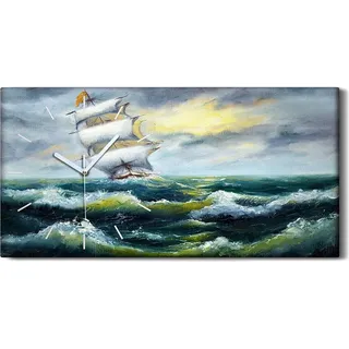 Küchenuhr Bürouhr Leinwand Uhr 60x30 Wellen Meereslandschaft Schiff Ozean - weiße Hände - Blau