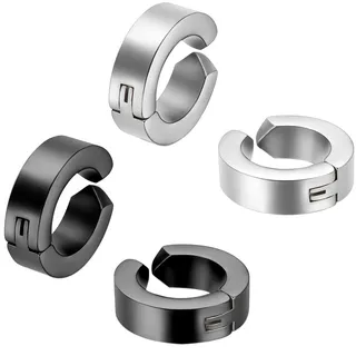 JewelryWe Schmuck 4x Creolen Edelstahl ohne Loch Fake Ohrstecker Ohrclips Klappcreolen Huggie 4mm, Silber Schwarz
