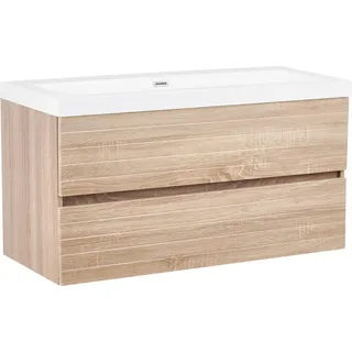 BELIANI Waschtischunterschrank mit Waschbecken Hellbraun MDF Holzoptik Harz 100 x 46 cm Wandmontage 2 Schubladen Waschbeckenunterschrank Badezimmer - Braun, Weiß