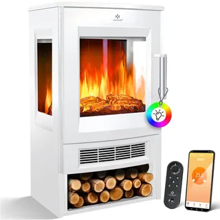 KESSER® Elektrokamin mit Heizung Panorama-Sichtfenster Heizlüfter 9 LED-Flammeneffekt Farbmodi Fernbedienung WiFi App 900/1800W Kaminfeuer elektrisch mit Thermostat Heizfunktion Timer