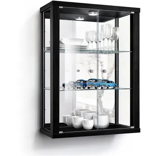 K-Möbel Hängevitrine 25/60/80 cm mit Spiegel, LED & 2 höhenverstellbaren Glasböden , Schwarz , Holzwerkstoff , Rechteckig , 60x80x25 cm , Esszimmer, Vitrinen, Vitrinenschränke