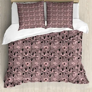 ABAKUHAUS Abstrakt Bettbezug, Tänzer und Blumen, Milbensicher Allergiker geeignet mit Kissenbezügen, 155 cm x 220 cm - 80 x 80 cm, Rose Schwarz Getrocknete Rose - Rosa