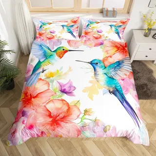 Loussiesd Kolibri Betten Set Tropische Vögel Bettwäsche Set 135x200cm Kolibri Blumen Bettbezug Set für Kinder Kinder Jungen Mädchen Mikrofaser Blühende Schwertlilien Rosa mit 1 Kissenbezug