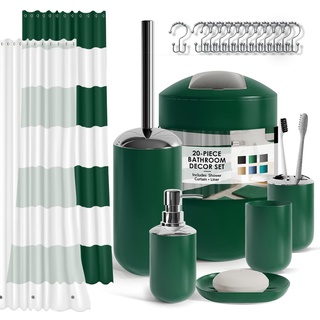 Badezimmer Zubehör Set mit Duschvorhang Set, Seifenspender, Seifenschale, Zahnbürstenhalter mit Tasse, Duschvorhang Set mit Liner und Haken, WC-Bürste und Halter, Mülleimer, Hunter Green