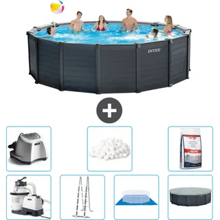 Intex runder Pool mit graphitgrauem Paneel – 478 x 124 cm – inklusive Pumpe – Leiter – Bodenplane – Abdeckung Salzwassersystem - Filterbälle - Poolsalz - Grau