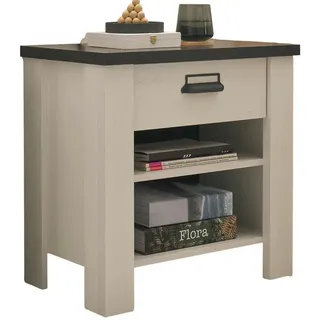 Furn.Design Nachttisch weiß Pinie, anthrazit, Landhaus Nachtkommode mit Schubkasten in Komforthöhe , Metall , Nachbildung , 60x61x39 cm , Schlafzimmer, Nachtkästchen