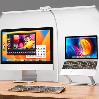 EppieBasic 24W Doppelkopf Schreibtischlampe LED Dimmbar, 80cm Groß Schreibtischlampe Klemmbar mit Touch, Augenschutz Schwanenhals Büro Tischlampe, Monitor Lampe, Automatisch dimmen, Timer - Weiß