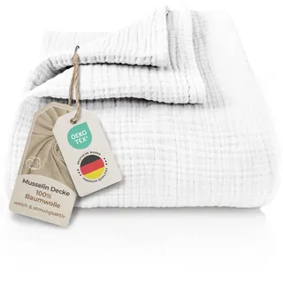 LAYNENBURG Premium Musselin Tagesdecke 180x220 cm - 100% Baumwolle - extraweiche Baumwolldecke als Kuscheldecke, Bett-Überwurf, Sofa-Überwurf, Couch-Überwurf - warme Sofa-Decke (Weiß)