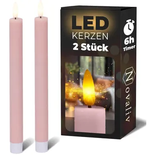 Novaliv Stabkerzen LED mit Timer PINK 2 Stück Indoor 6 Stunden - ECHTWACHS 24,5cm Höhe für Kerzen 2,2cm Durchmesser 2 AAA Batterien notwendig LED Stabkerzen flackernde Flamme bewegliche Flamme Licht