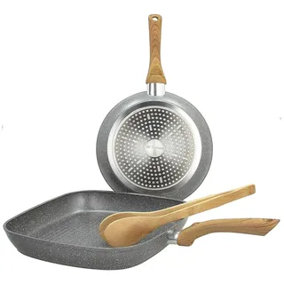 Avilia Runde Antihaft-Pfanne mit quadratischem Grill und Zange – Pfannen-Set, Induktionsgrill und Zange, mit Marmotech-Beschichtung und Zangen aus Bambus, Pfanne 24 cm und Grillpfanne 28 cm