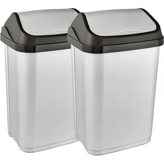 Mülleimer KEEEPER "swantje, 2er Set, Abfallbehälter mit Schwingdeckel", silberfarben, B:33,5cm H:25,5cm T:53,5cm, Kunststoff, Mülleimer, Mülleimer, Deckel komplett abnehmbar