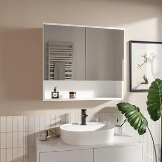 HAJDUK FURNITURE Badspiegelschrank 78x70 cm Weiß – Spiegelschrank Bad ohne Beleuchtung 2 Türen grifflos mit Ablage - Weiß