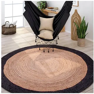 Paco Home Teppich rund, Wohnzimmer Jute, Boho, Ethno, Handgefertigter Natur-Teppich schwarz