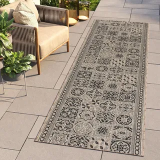 TAPISO Melissa Teppich Läufer Flur Outdoor Indoor Braun Schwarz Modern Mosaik UV-beständig Wetterfest Balkon Terrasse Wohnzimmer ÖKO-TEX 80 x 200 cm