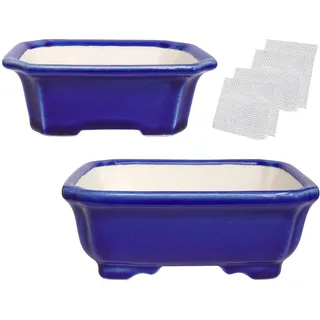 Set von 2 Zisha Bonsai Topf aus weißem Ton glasiert flach Sukkulenten Übertopf blau