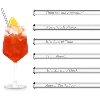 HALM Glasstrohhalme Aperol Spritz Geschenkset | 6 Stück gerade 20 cm | 6 Lustige Sprüche als Geschenk Wiederverwendbare Glas Strohhalme graviert - Glasstrohalme