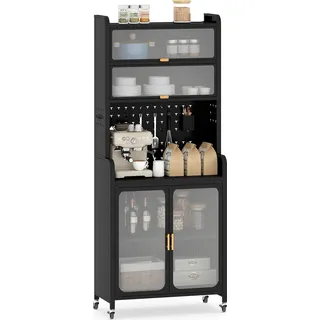 COSTWAY 192 cm Küchenschrank, Küchenregal mit Rollen, Arbeitsplatte, aufklappbaren PC-Türen, Regal & Lochwand, Standregal, Sideboard, Schwarz - Schwarz