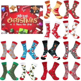 Socken Adventskalender 2026 Damen Herren 12 Paar (24 Stück) Größe 36-42 Baumwolle