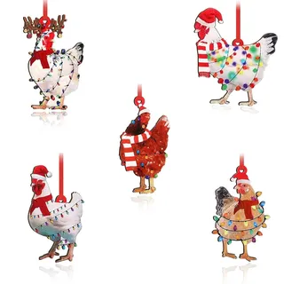 5 Stück Weihnachtsbaumschmuck, Acryl Kreativität Huhn mit Schal Anhänger, Christbaumschmuck Ausgefallen Anhänger, Lustiges Huhn Figur Christbaumschmuck, Christbaumkugeln Personalisiert