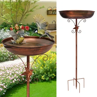 Newthinking Vogeltränke Stehend 39 Zoll, Frostsicheres 3-in-1 Metall Vogelbad mit Vogelrelief, Winterfest für Garten zum Baden, Trinken und Füttern (Antik Bronze)