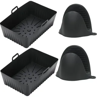 INF 2er-Pack Behälter für Heißluftfritteusen mit Ofenhandschuhen aus Silikon Schwarz