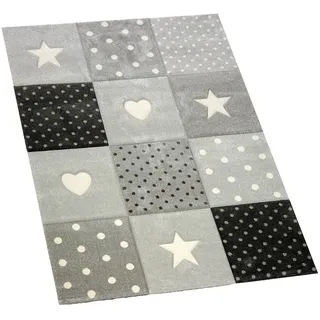 CARPETIA Kinderteppich Sterne Herzen Punkte Creme Schwarz Grau 80x150 cm | Pflegeleicht, strapazierfähig, farbecht und allergikergeeignet, OEKO-TEX geprüft, schadstofffrei, für Fußbodenheizung
