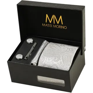 Massi Morino Krawatte "Massi Morino Krawatte-Set" mit Einstecktuch, Manschettenknöpfen und Krawattenklammer, paisley grau