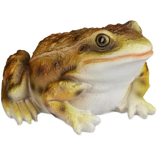 Relaxdays Gartenfigur Frosch, wetterfest, für Balkon, Terrasse, am Teich, Kunststein, sitzende Dekofigur Frosch, gelb, 9 x 13.5 x 15 cm
