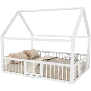Modfu Metallbett aus Metall 140x200 cm Weiß mit Dachrahmen, Sicherheitsgeländer und Tür , 140x200 cm , Schlafzimmer, Betten, Metallbetten