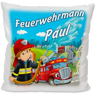 Unikatolo Kissen mit Name personalisiert Kuschelkissen (Feuerwehrmann) | Geschenkidee für Kinder, Jungen & Mädchen, Feuerwehr, Kissenbezug mit Füllung 40x40 cm Geburtstag, Weihnachten, Ostern