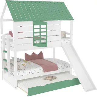 Etagenbett mit 2 Liegeflächen, Gästebett, Lattenrost, Dach, Rausfallschutz, Rutsche, 90x200cm, Kinderbett, Hausbett, Kiefer - Weiß